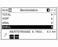 Infotainmentsystem 171 En meny med olika alternativ för val av POI-punkter (t.ex. restauranger, bensinstationer och sjukhus) visas. Nära aktuell position Välja POI nära bilens aktuella position.