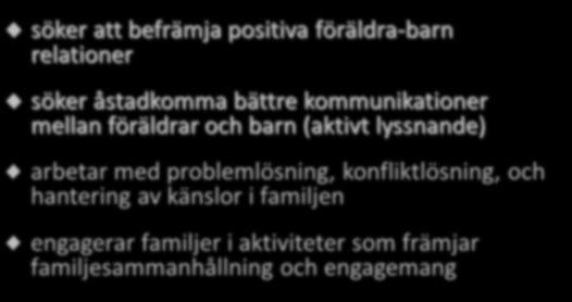 Många av de föräldrastödsprogram som används runtom Sverige har inte det primära syftet att befrämja en god utveckling Det uttalade syftet är att minska beteendeproblem hos barnet.