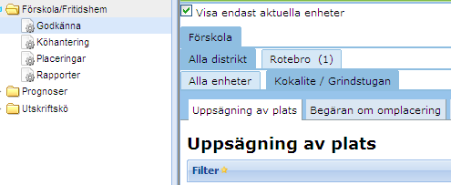 Uppsägning av plats När vårdnadshavaren gör en uppsägning hamnar uppsägningen i arbetsfliken Uppsägning av plats där den ska godkännas av enhetsadministratören. OBS! Uppsägningen ska godkännas.