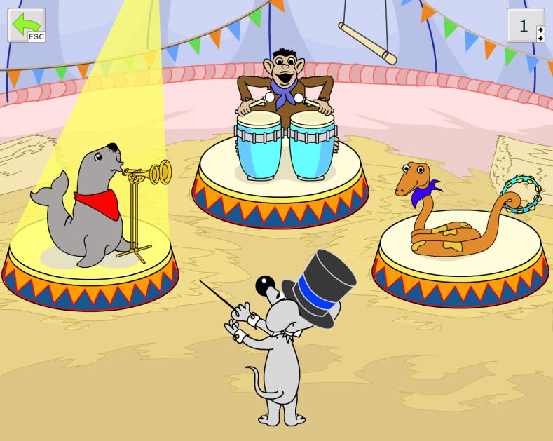 Spel 5: Djurorkestern Nivå 1: Repetition I detta spel skapar du musik med musen som dirigent. Första nivån är repetition, varje musikant spelar ett kort solo.