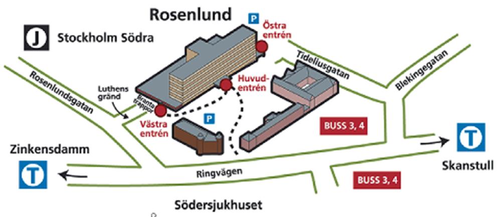 Karta och vägbeskrivning till Aspergercenter Vår besöksadress är: Rosenlund Tideliusgatan 12 Huvudentrén, 3 tr Vår postadress är: Aspergercenter Rosenlund Box 17056 104 62 Stockholm Telefon: 08-123