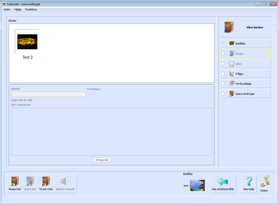 30 Lärarverktyget 2.1.2. Skapa bok Längst ner till vänster på skärmen i verktygslisten. Knappen Skapa bok Välj knappen Skapa bok i verktygslisten, för att skapa en ny bok.