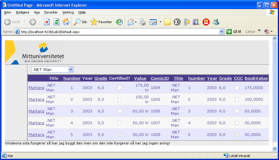 5 h. Ange GridView kontrollens teckensnitt till 10-pt Verdana. i. Starta Default.aspx i din webbläsare, sidan skall se ut ungefär som nedan: j. Stäng webbläsaren och återvänd till Visual Studio. 7.