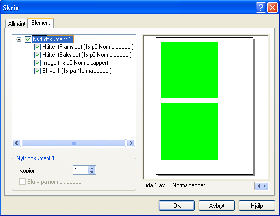 4.3.2 Fliken Element När fliken Element är i förgrunden kan du: Skriva ut ett dokument eller enskilda element genom att aktivera eller inaktivera motsvarande ruta.