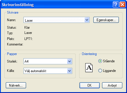 4.5 Skrivarinställning Du kan öppna dialogrutan Skrivarinställning genom att klicka på kommandot Skrivarinställning på menyn Arkiv. Skrivare : Välj skrivaren i det nedrullningsbara fältet.