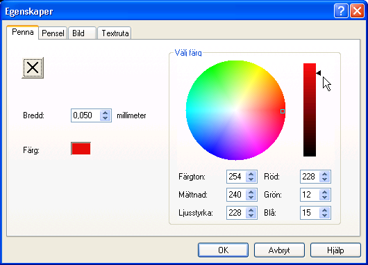 Du kan också definiera färgerna genom att ange eller välja färgvärden i fälten Nyans, Mättnad och Ljusstyrka eller genom att välja