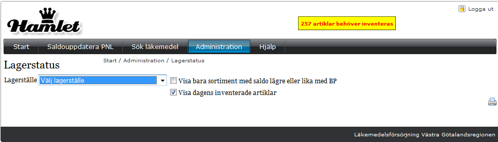 Manual Hamlet 1.1 Sidan 40 av 75 Välj lagerställe i rullistan. Dagens inventerade artiklar är förvalt.