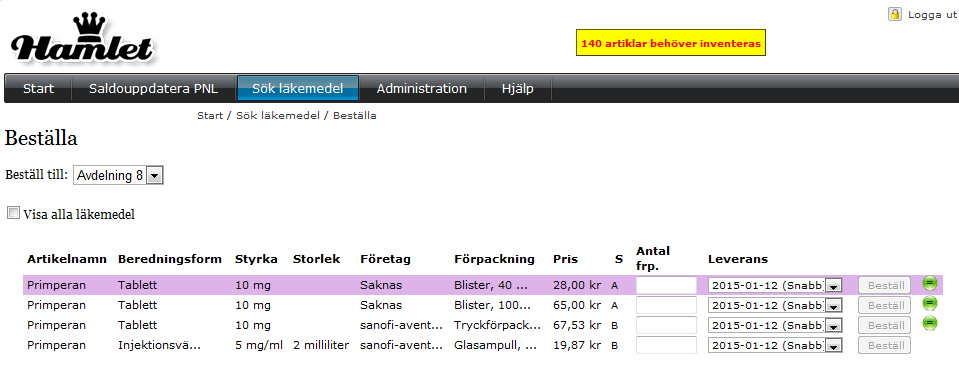 Manual Hamlet 1.1 Sidan 41 av 75 3.2. Manuell beställning Manuell beställning kan användas vid ett extra behov av läkemedel utöver ordinarie beställning. Sök aktuellt läkemedel. Klicka på Beställ.