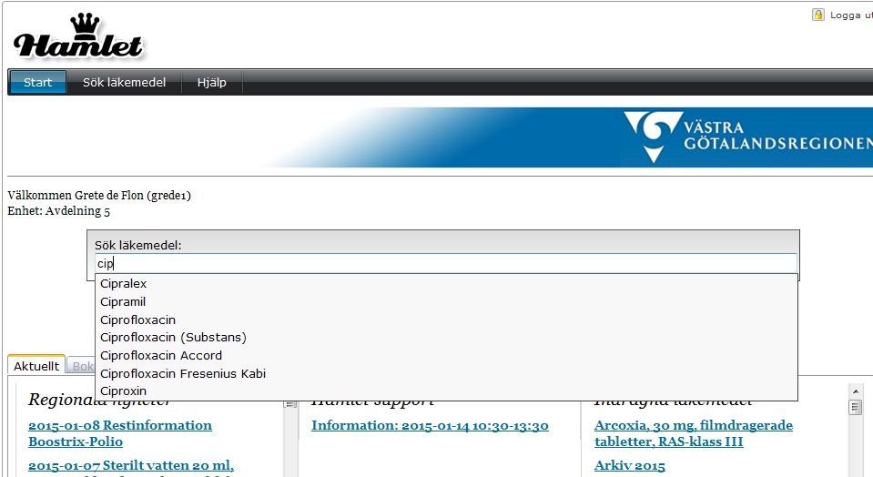 Manual Hamlet 1.1 Sidan 6 av 75 1.2. Söka läkemedel i Hamlet När du blivit inloggad i Hamlet når du direkt funktionen Sök läkemedel mitt på startsidan eller uppe i menyraden under Sök läkemedel.