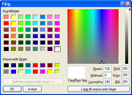 Markera en ruta under Anpassade färger. Välj en färg (till höger) och klicka på knappen Lägg till anpassade färger.