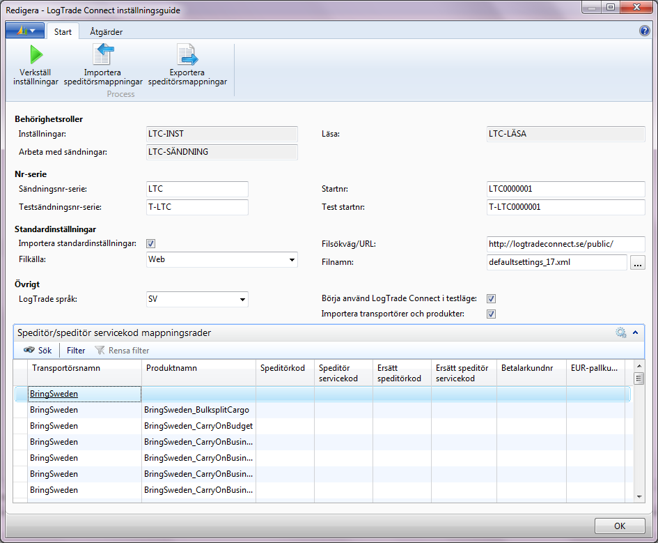 Inställningsguiden ger förslag på behörighetsroller och nummerserier. Förslagsvärden är också ifyllda för nedladdning av standardinställningar från http://logtradeconnect.se. Språk sätts till antingen SV eller EN beroende på den aktuella datorns språkinställningar.