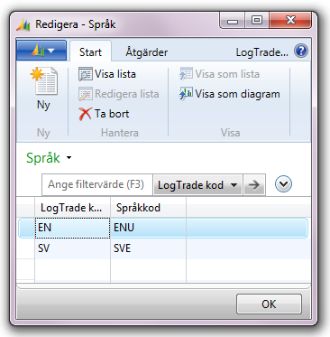 10.12 Omappade speditörer och servicekoder Se kapitlet om installatinsguiden. 10.13 Språk Visar en lista över tillgängliga språk i LogTrade och mappning till språkkod i NAV.