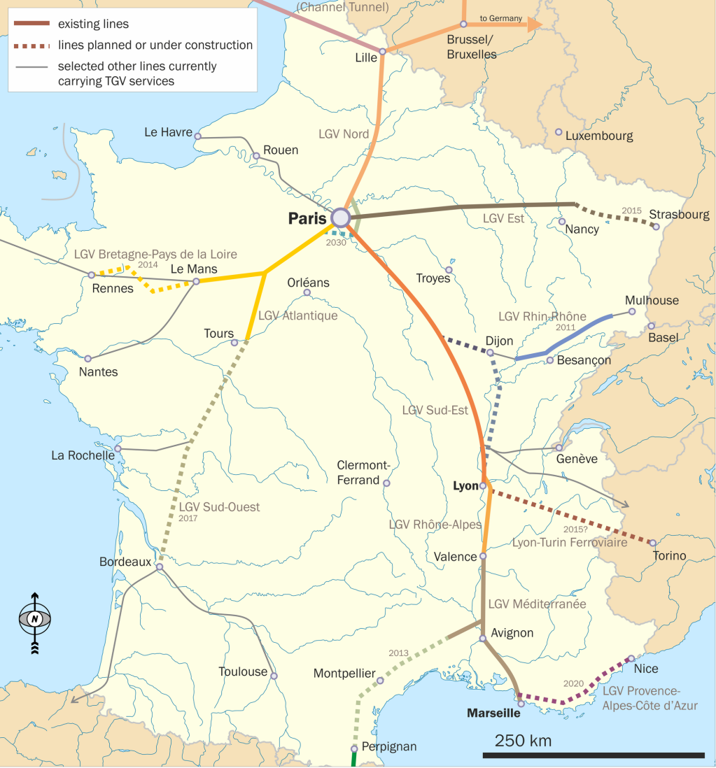 Figur 3. Bilden visar de franska höghastighetsbanorna och även planerade banor. På bilden ses tydligt den stjärnstruktur som nätet är uppbyggt efter.