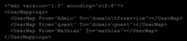 Usermap.xml Skapas under analysen och innehåller alla konton som påträffats Ej mappade konton sätts till samma namn i TFS Tips: koppla guest i VSS till Windows gästkonto för att inte tappa historik <?