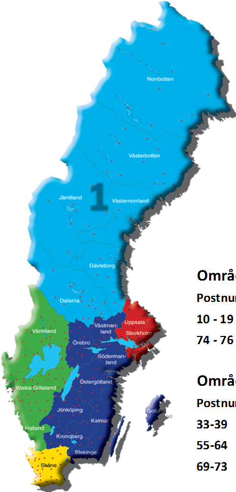 IGENKÄNNINGSGRAD PER OMRÅDE Område 1 Postnummer som börjar på 77-98 Område 2 Område 3 Postnummer som börjar på Postnummer som börjar på 10-19 30-31 74-76 40-46 50-54 Område 4 65-68 Postnummer som