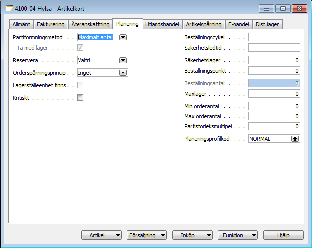 Observera att återbeställningsmetod ska vara Maxantal om Max/minberäkning ska göras via den automatiska körningen.