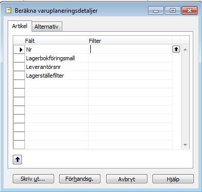 Beräkningsfunktionen Beräkningen av planeringsdata startas under Lager Reservdelar - Periodiska aktiviteter - Beräkna varuplaneringsdetaljer.