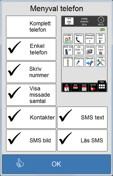 14.1 Kontakter Om man inte vill att alternativet Kontakter ska vara tillgängligt från Meny går de att administrera här. visas den här sidan.