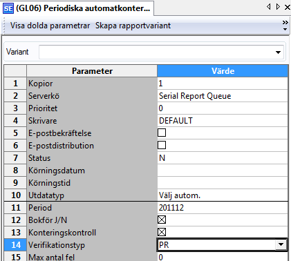 9.3.2 Rapporten Periodiska automatkonteringar (GL06) Vid periodens slut måste serverprocessen Periodiska automatkonteringar (GL06) köras vilken resulterar i en verifikation per verifikationstyp.