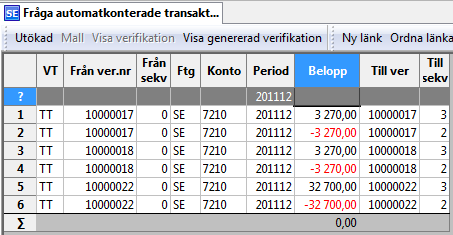 9.4 Fråga automatkonterade transaktioner Detta fönster gör det möjligt att fråga på automatkonteringar som sparats.