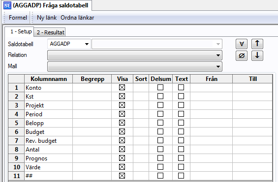 10.4.3 Tillvägagångssätt För att ställa en fråga mot en saldotabell väljer du Agresso Ekonomi/ Huvudbok/Fråga/Fråga saldotabell.