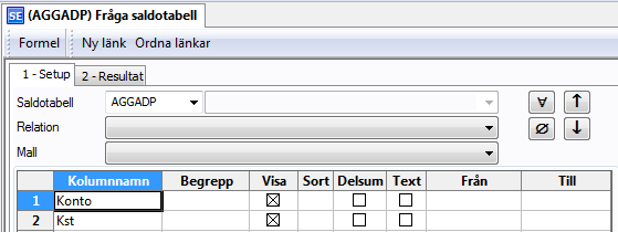 Aktuella begrepp i saldotabellen AGGADP 3 Ange sökkriterier i fliken Setup. Här gör du urval, sorteringar, summ