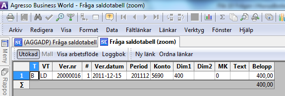 10.4.8 Verifikationsdetaljer - Zoom När du har ställt en fråga mot en saldotabell kan du utnyttja kommandot Zoom för att komma ner till transaktionsnivå och se vilka transaktioner det aktuella saldot