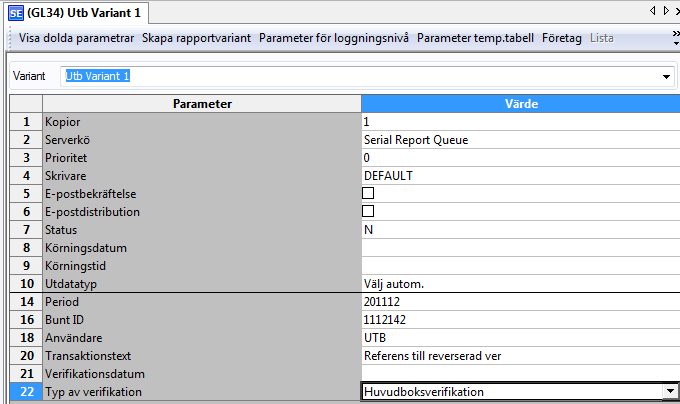 5 Skriv in det verifikationsnummer som ska reverseras och tryck OK. Något sekvensnummer ska inte ifyllas.