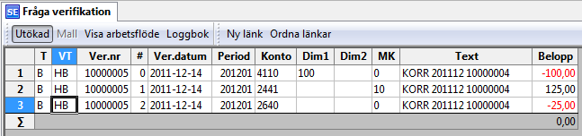 7 Svara Ja. 8 Du får då två verifikationsnummer: Ett för denna bokföring i aktuell period och ett för kommande reversering i vald framtida period: I Huvudboken har två verifikationer skapats.