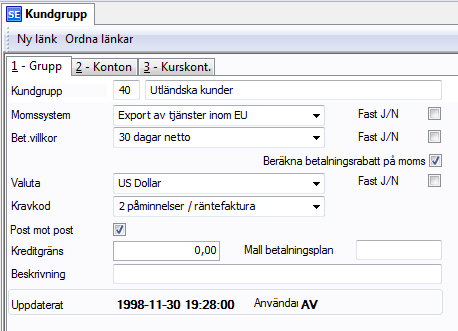 Utgående moms export, EU-moms med momsregistreringsnummer I exemplen använder vi Momskod 20 för Utgående moms i kundreskontran. För handel med utlandet kombinerar vi denna momskod med Momssystem.