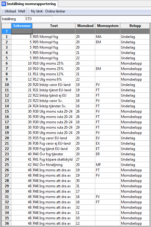 I skärmbilden Inställning momsrapportering definierar man vilka transaktioner från registret för momstransaktioner som ska finnas med på de olika raderna i rapporten.