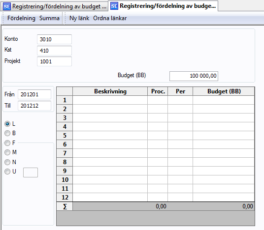 4.3.2 Budgetregistrering med periodisering Om du väljer kommandot Zoom på Datamenyn visas ett nytt fönster där du kan fördela budgeten med hjälp av fördelningsprofilerna i Agresso och de