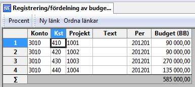 Genom att använda kommandot Procent under Verktygsmenyn kan du öka eller minska alla belopp. Exemplet nedan visar att beloppen ökar med 10 procent genom att man anger 110 som procentsats. Klicka OK.