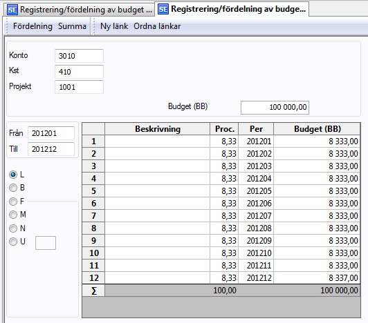 4.4.2 Fördela registrerade budgetrader Om man vill fördela registrerade budgetrader gör man på följande sätt: 1 Gå in i skärmbilden Registrering/fördelning av budget, välj Saldotabell, Budgettyp etc.