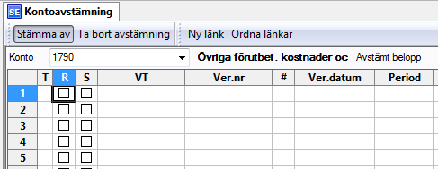 5.1 Avstämningskonton I skärmbilden Avstämningskonton anger du vilka konton som ska stämmas av. Dessa konton måste vara registrerade i skärmbilden Kontoplan. 5.