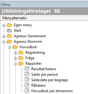 6.3.4 Råbalans (GL09) Finns under menyn Rapporter. Visar ingående och utgående balans per konto, debet-, kredit- samt totalsaldo för perioden. 6.