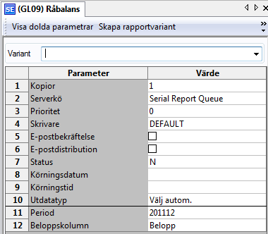 Skärmbilden med rapportbeställning för Råbalans syns på skärmen.