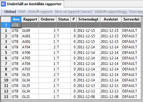 Ikon underhåll beställda rapporter Du får då fram en sökbild där du kan söka på beställda rapporter/ serverprocesser.