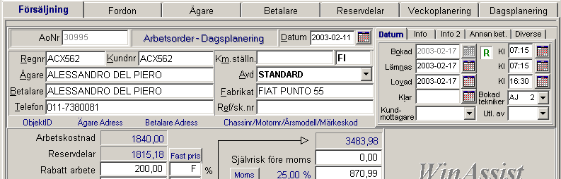 Spara Ao (F2) Arbetsordern sparas med aktuell status. Se nedan. Spara Ao som Arbetsordern kan sparas med olika status.