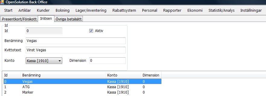 Kryssa i Laddbart om du skall kunna ladda kortet i kassan. Magnetkort/Papper reglerar om systemet skall be kassören att Dra kort vid val av detta betalsätt.