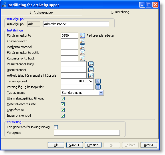 Inställningarna för artikelgruppen ARB ser du nedan. Här ändrar du även inställningar för de övriga artikelgrupper ni använder på ditt företag. Inställningar på artikelgruppen: Försäljningskonto.