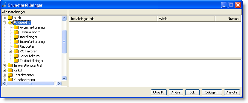 Grundinställningar I grundinställningarna anger du de grundvärden som skall gälla för faktureringen som helhet. Här samlas inställningar för ROT, avtalsfakturering, serier, registreringsvillkor mm.