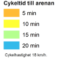 Potentialen för en ökad andel cykelresor till Munktellstaden är därmed mycket god. Figur 2-16 Restider med cykel till den nya arenan.