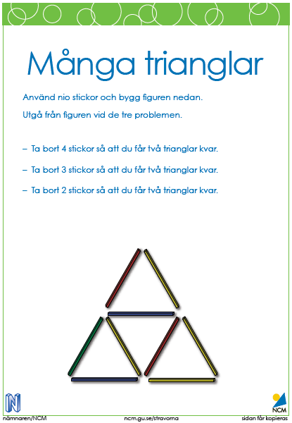 8. Stickproblem Stickproblem har varit ett givet tema där vi arbetat tillsammans i par eller mindre grupper för att lösa de problem som finns på http://www.ncm.gu.