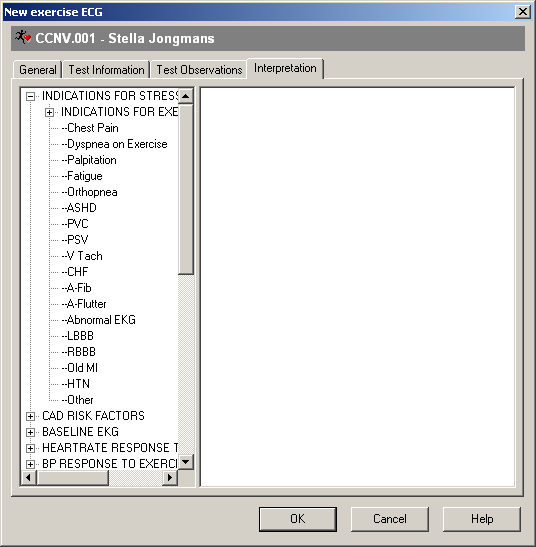 4. Testinformation and testobservationer: CardioPerfect Workstation Allmän information om testet, t.ex. orsakerna till inspelningen och riskfaktorer, kan läggas till under fliken Testinformation.