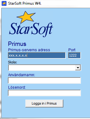 Primus W4 Sida 18/37 Om fältet Skola finns med i rutan betyder det att användaren själv får välja vilken skola han ska logga in i.