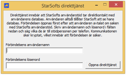 Primus W4 Sida 32/37 1.6.2 Direkttjänst I Primus går det att öppna en direkttjänst mellan kunden och StarSofts kundsupport. StarSoft kan inte öppna direkttjänsten utan kunden måste göra det själv.