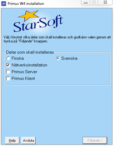 Primus W4 Sida 6/37 3. Öppna katalogen där du sparade filen och dubbelklicka på setup-filen. Detta öppnar Primus installationsruta (bild 1.1). Bild 1.1 Primus installationsruta 4.