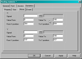Programmering Grafisk visning och styrning I 7 Flytta 1596AEN På fliken [Move] anges 2 analoga signaler vars värden styr objektets X- (bredd) och Y- koordinater (höjd). Om ett otillåtet värde ges, t.