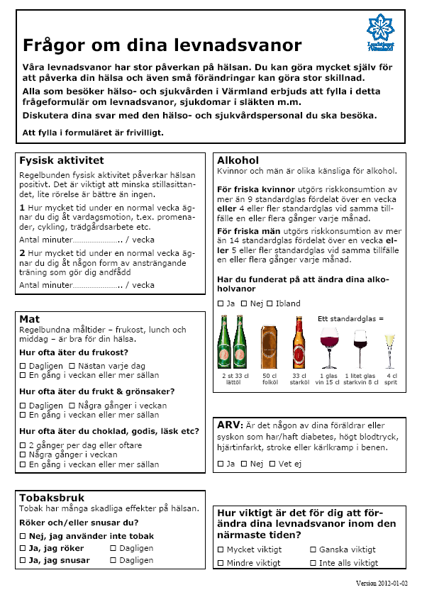 Frågeformulär Kan delas ut och fyllas i när patienten väntar och användas som samtalsunderlag för att